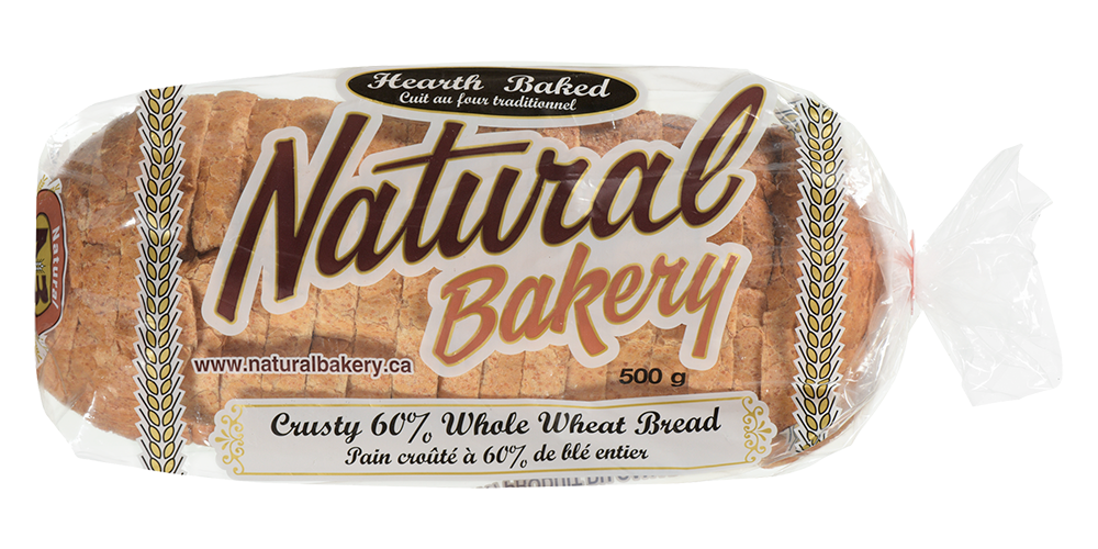 crusty 60% whole wheat bread in labelled bag