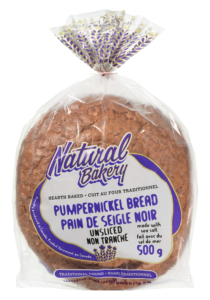 unsliced pumpernickel bread in labelled bag