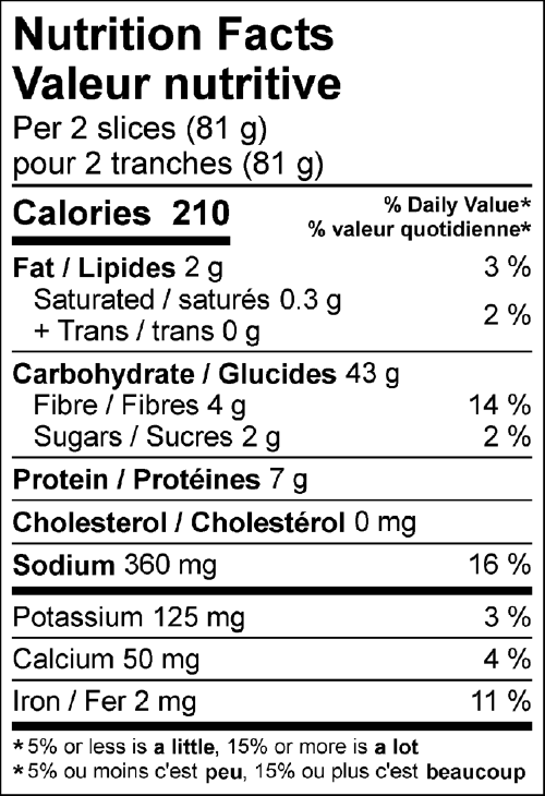 sliced pumpernickel nutrition facts label